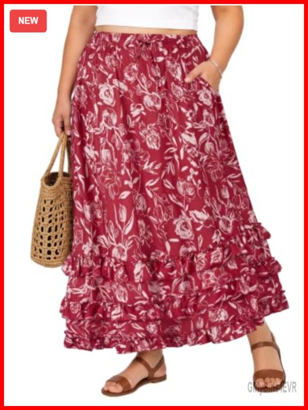 Plus Size Floral Maxi Skirt with Pockets Tiered Ruffle Hem Elastic Waist